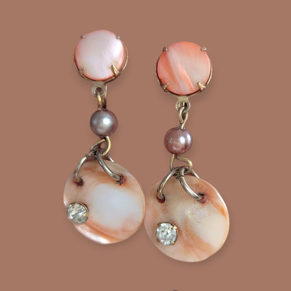 60s Vintage Shell & Rhinestone Dangle Earrings screwback - Picture 1 of 5